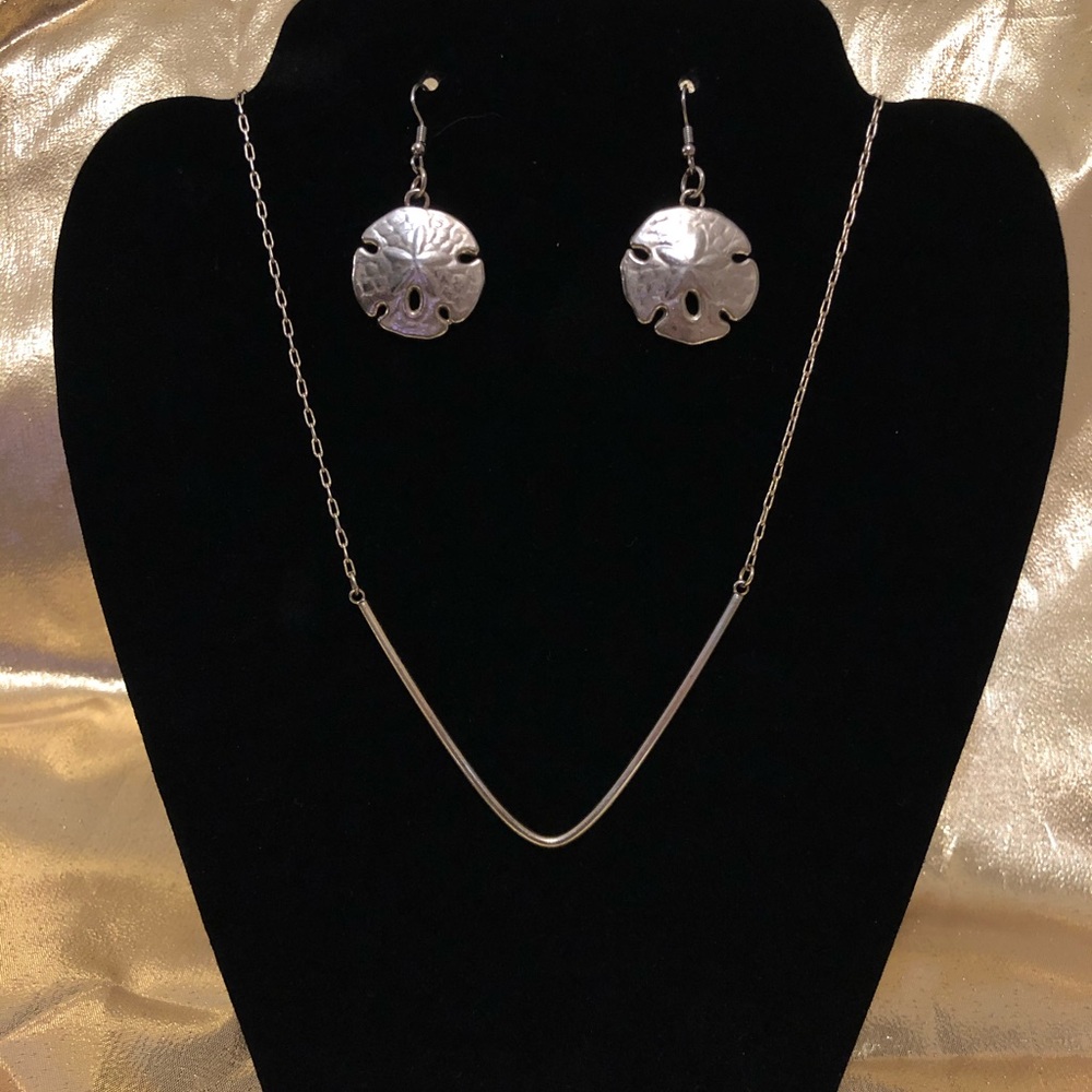 Golden Sand Dollar Drop Earring & Chain Necklace Set Fishhook Lightweight